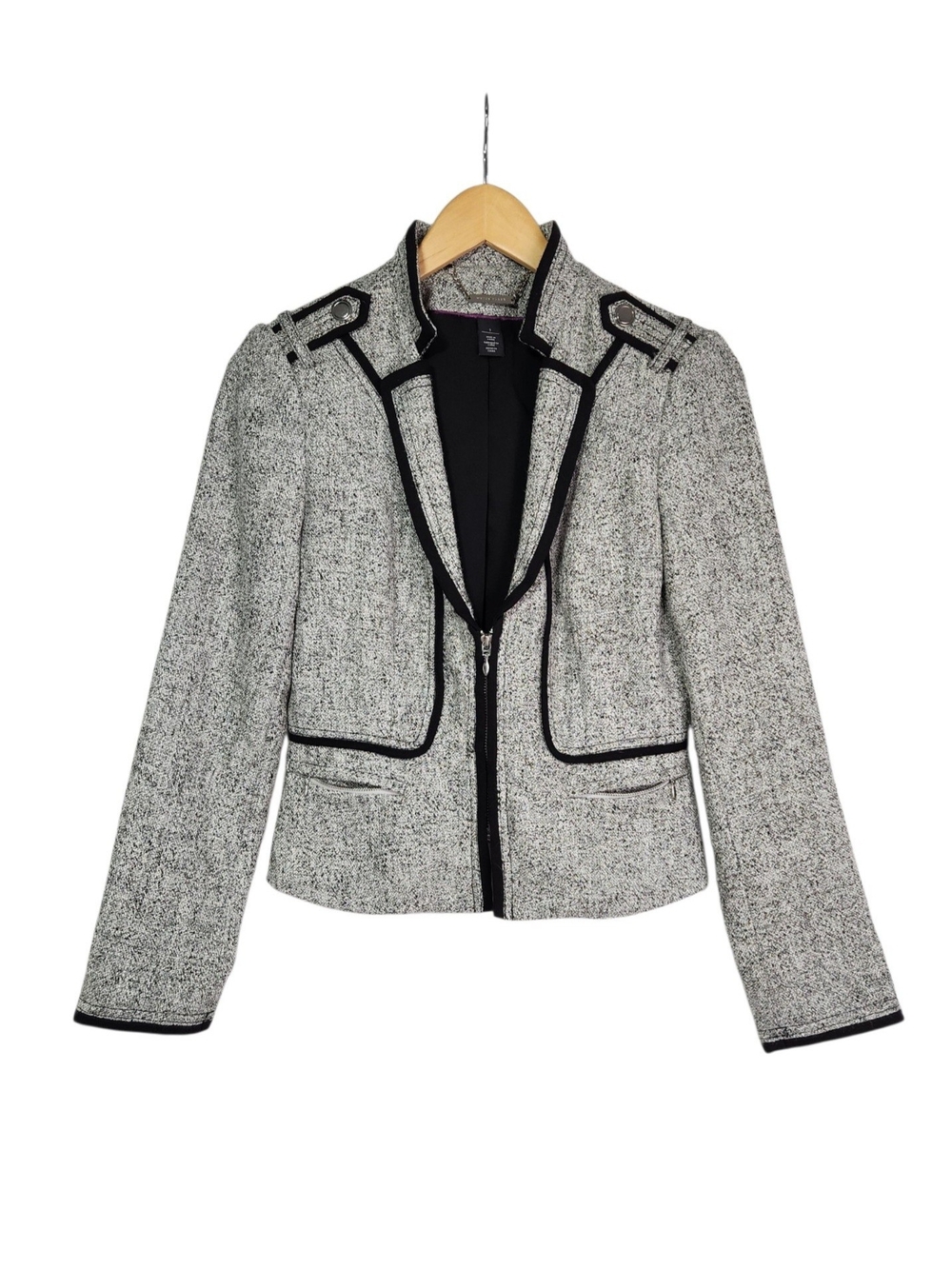 White House Black Market Gray/Black Zip Front Lined Jacket Piping Size 2 Moto - Picture 7 of 14
